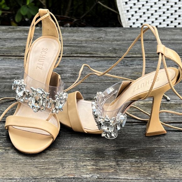 SCHUTZ Crystal Rhinestone Embellished Strappy Heels Nude Tan 6.5 - Picture 5 of 14